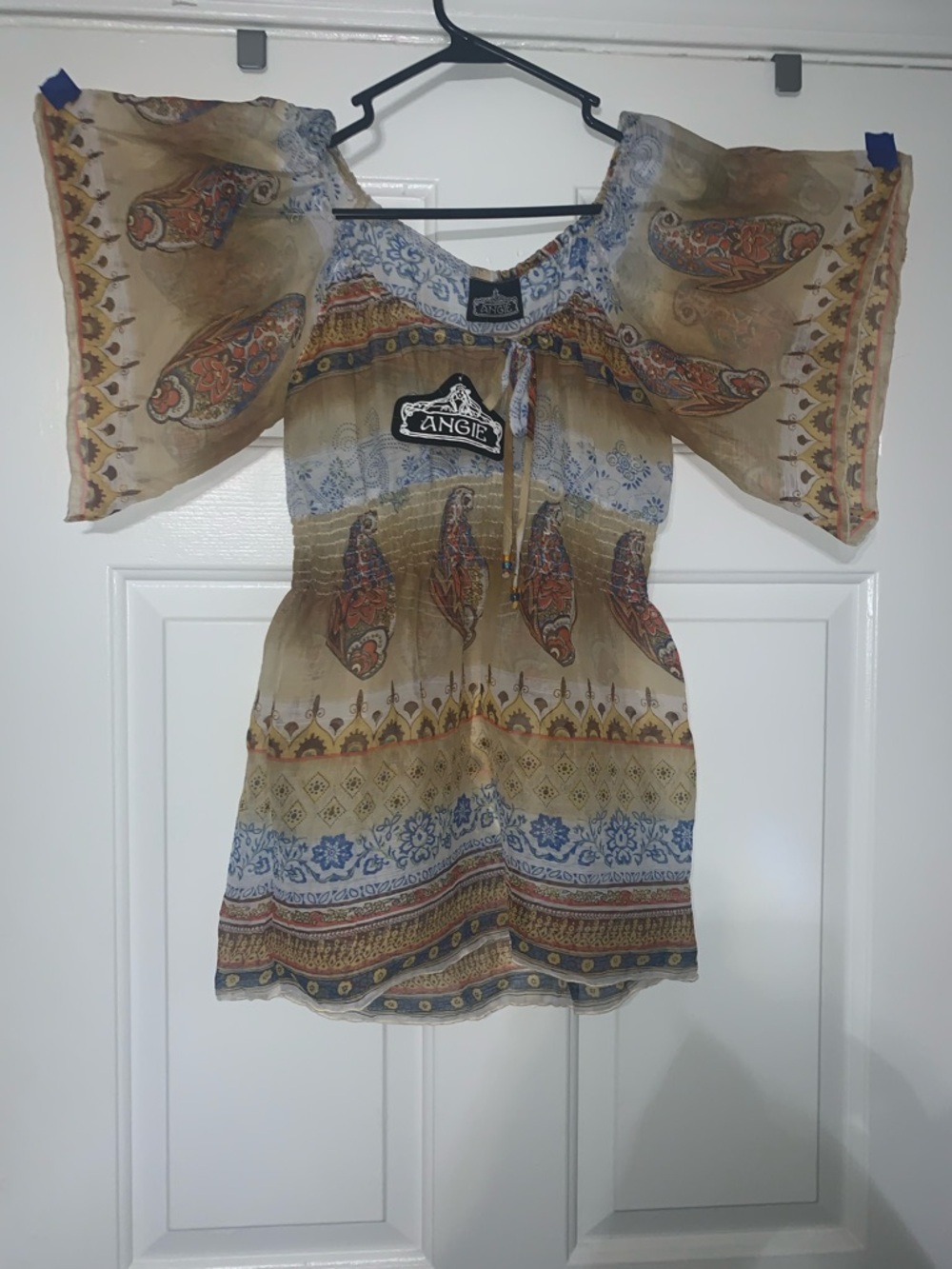 Angie Sheer Boho Peasant Top in Beige Paisley
